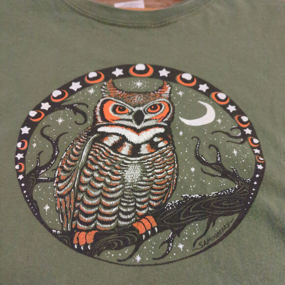 VTG Gildan Owl Nature Adult Small Shirt Boho Hippie Moon Tree Stars Witch Potter - Picture 2 of 8